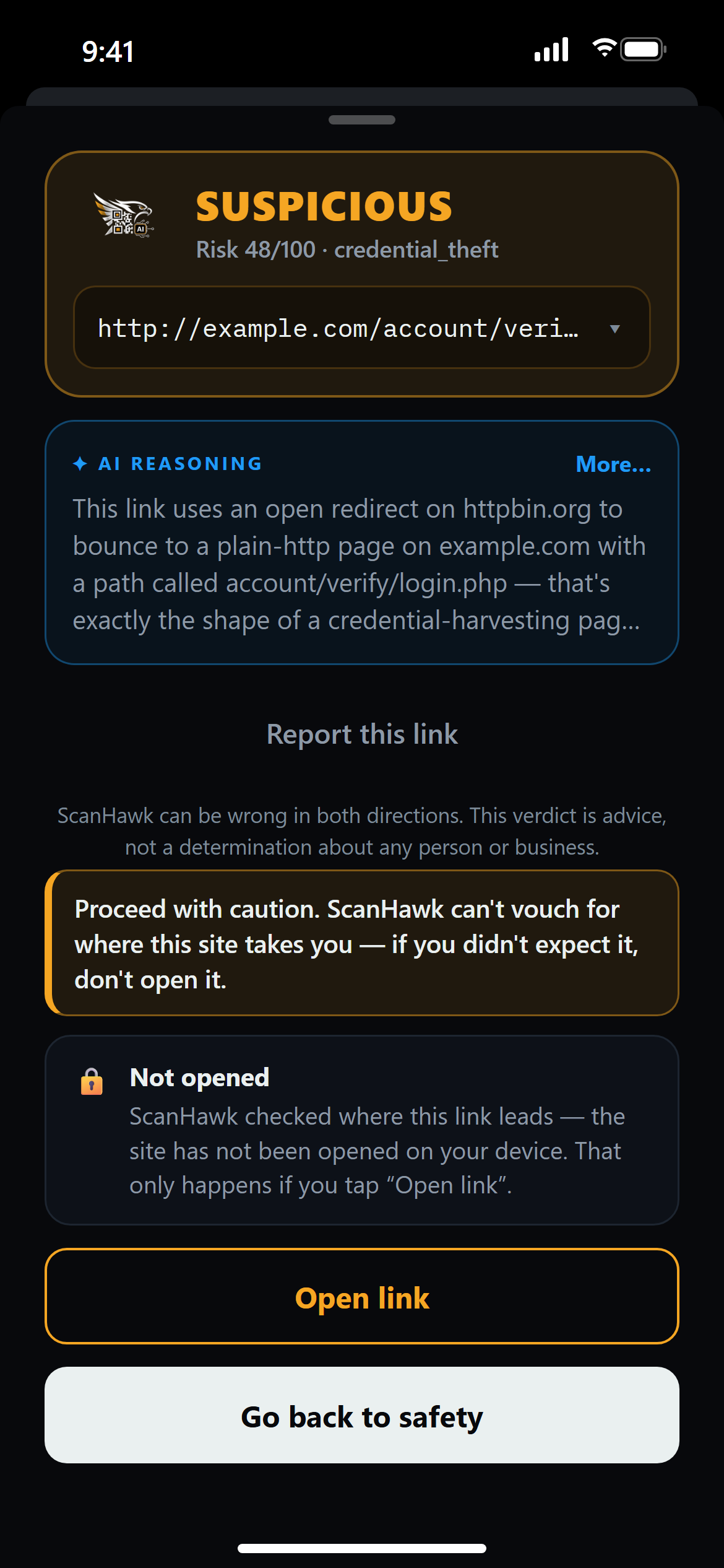 Illustration of ScanHawk's verdict sheet after a link from an email is shared to it: a redirect traced to its real destination, http://example.com/account/verify/login.php, rated SUSPICIOUS, risk 48 of 100