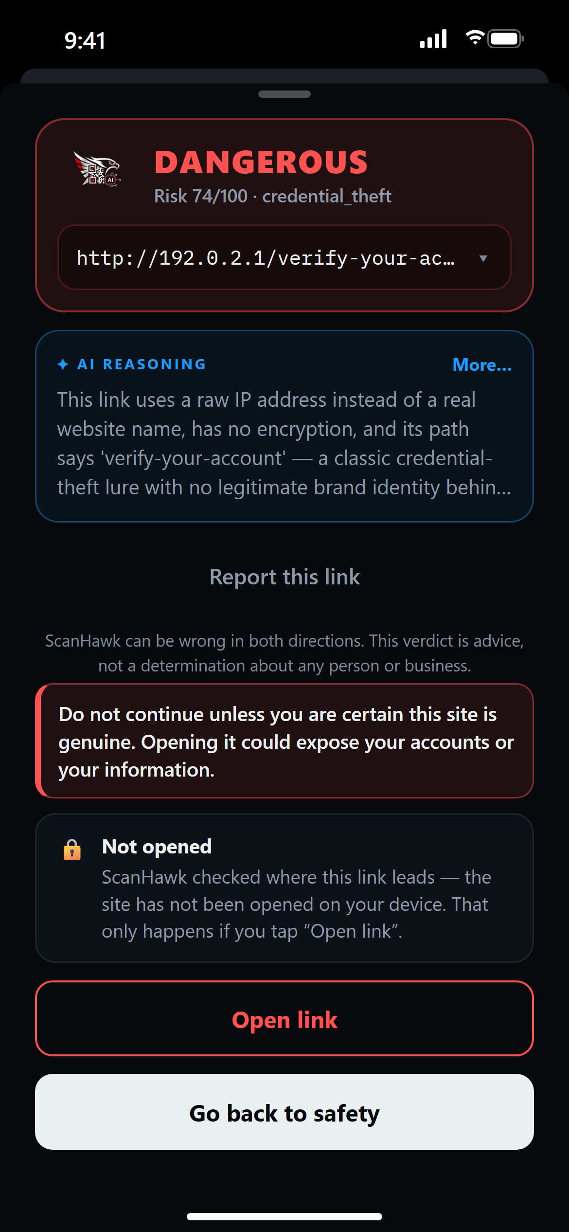 Illustration of ScanHawk's verdict sheet after a link from a text message is shared to it: http://192.0.2.1/verify-your-account rated DANGEROUS, risk 74 of 100, before it is opened